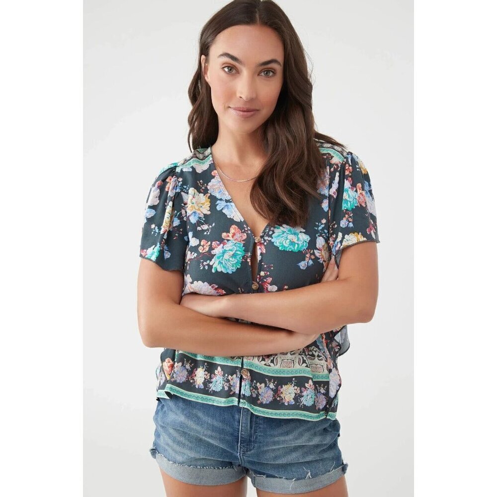 NEW O'Neill Colorful Floral Multicolor Boho V-Neck‎ Ruffle Maggy Top Small